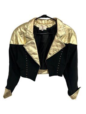 Vintage Cache Small Black Gold Genuine Leather Cropped Jacket 80s Retro Statemen